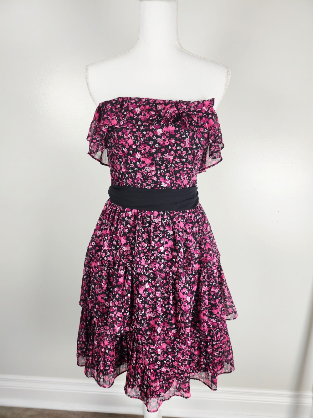 White House Black Market Tiered Cupcake Dress- Black with Pink Floral Print